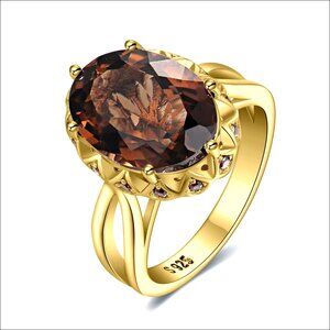 5.7ct Smoky Quartz Statement Ring, 14K Gold Plated Sterling Silver